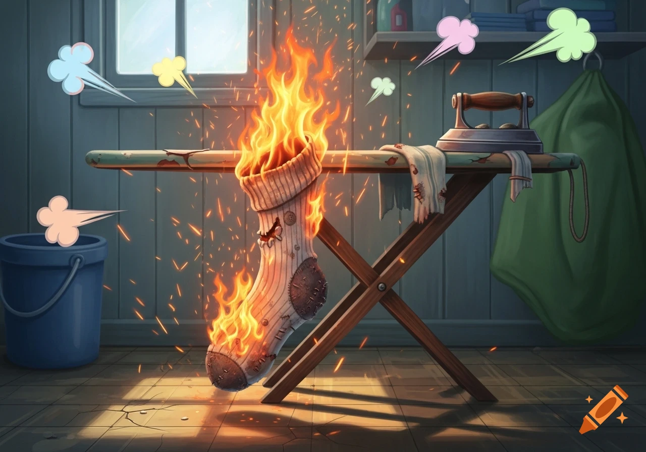Cartoon illustration of a dirty, patched sock on fire, resting on an ironing board in a laundry room with whimsical smell clouds.