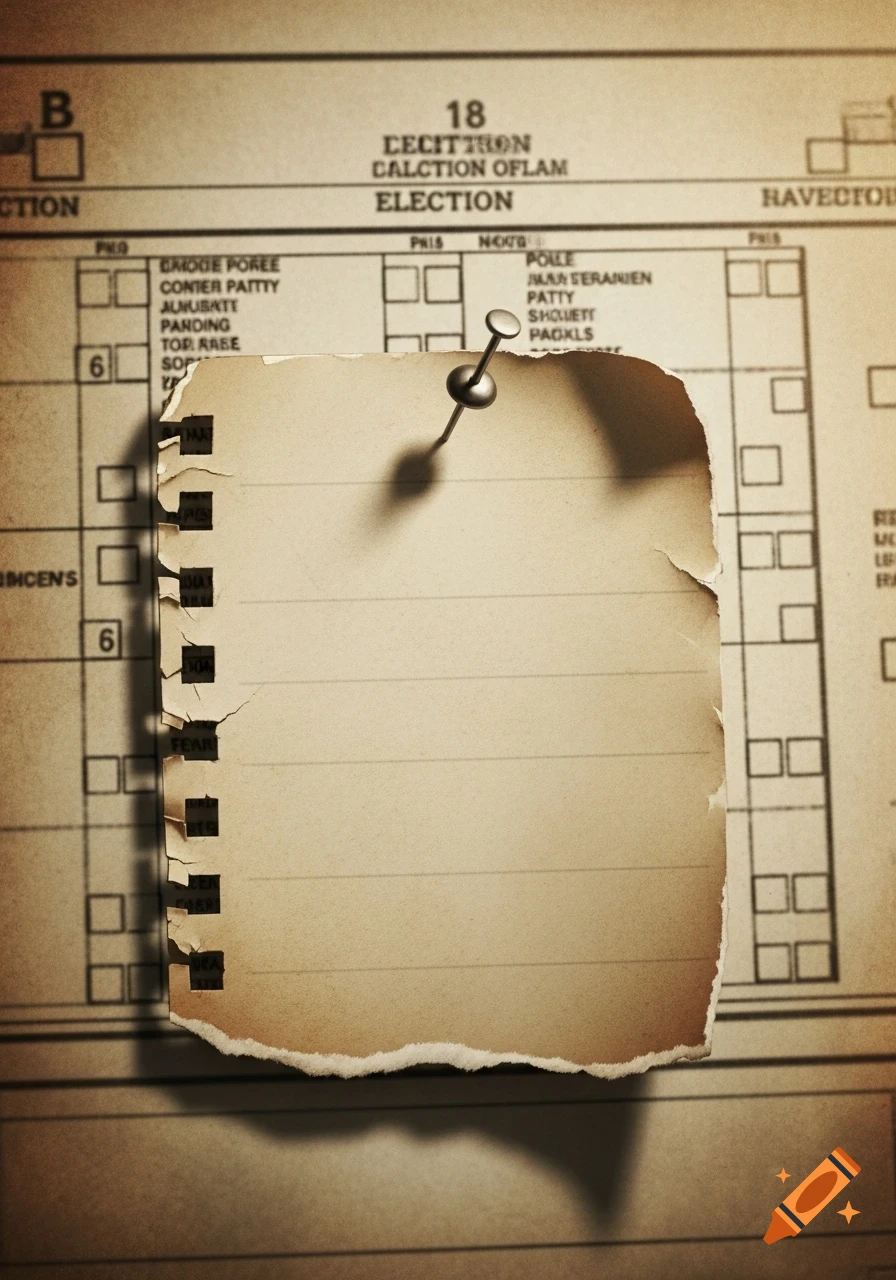 A close-up shot of a blank, torn, sepia-toned piece of lined paper pinned with a thumbtack onto an old, faded election ballot document.