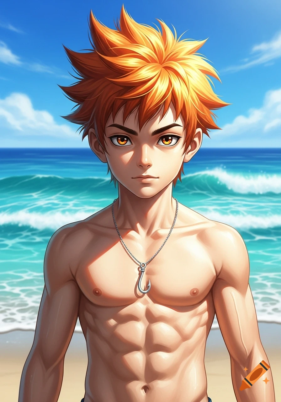 Anime boy with spiky orange hair, shirtless, wearing a fish hook necklace, standing on a beach with a blue ocean.