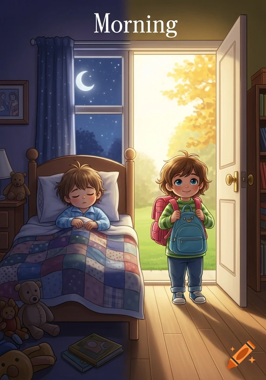 A cartoon split scene depicts a child sleeping in a dark bedroom at night and another child ready for school by a bright open door. Text reads "Morning".