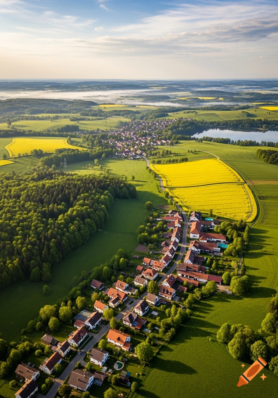Photorealistic aerial view of a village surrounded by green forests, yellow fields, and a lake under a clear sky.