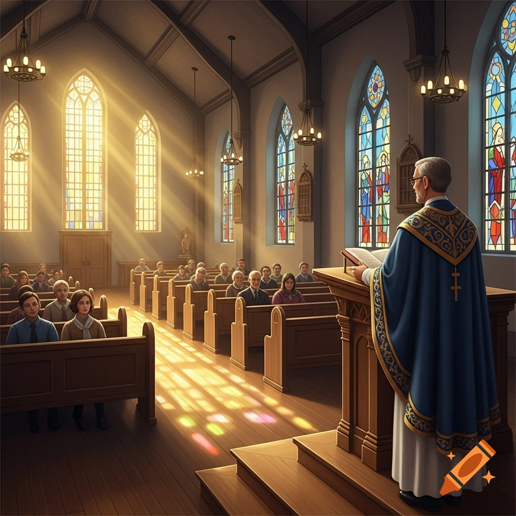 A priest in blue and gold vestments preaches from a wooden podium to a congregation seated in pews in a sunlit church with stained glass windows.