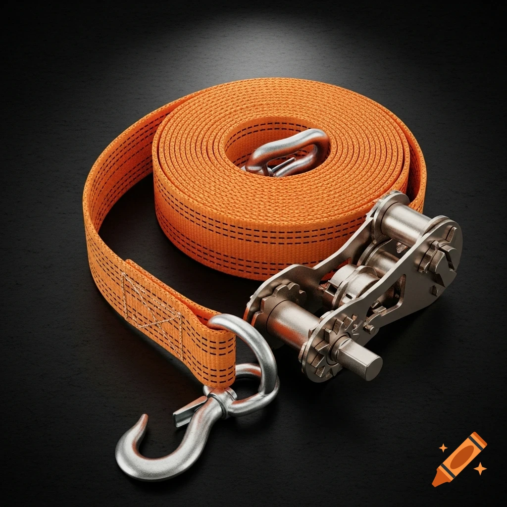 Orange coiled lashing strap with a silver metal ratchet mechanism and hook on a dark background.