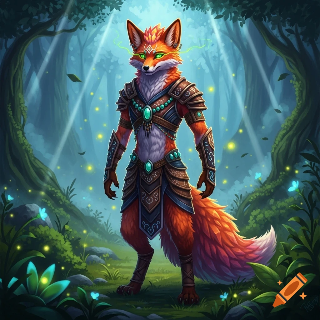 An anthropomorphic fox warrior with glowing green eyes and ornate armor stands in a magical forest.