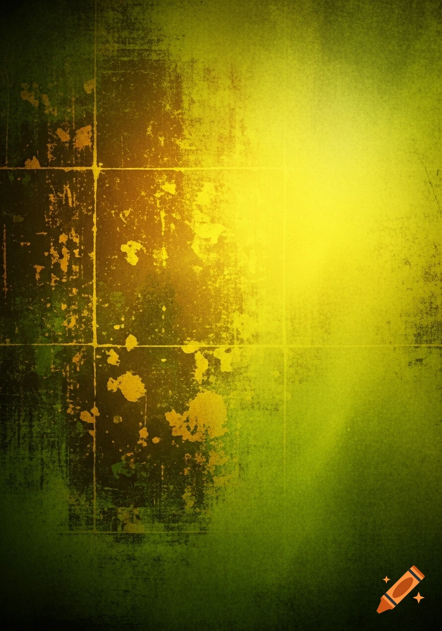 Abstract grunge background with a dark olive green to bright yellow-green gradient, distressed textures, splatters, and faint grid lines.