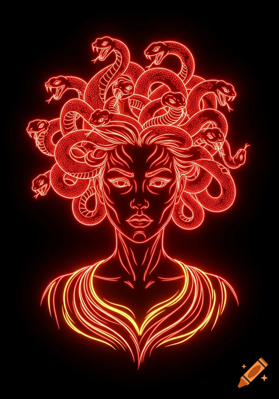 Neon outline art of Medusa with red glowing snakes for hair and orange glowing lines on her chest, on a black background.