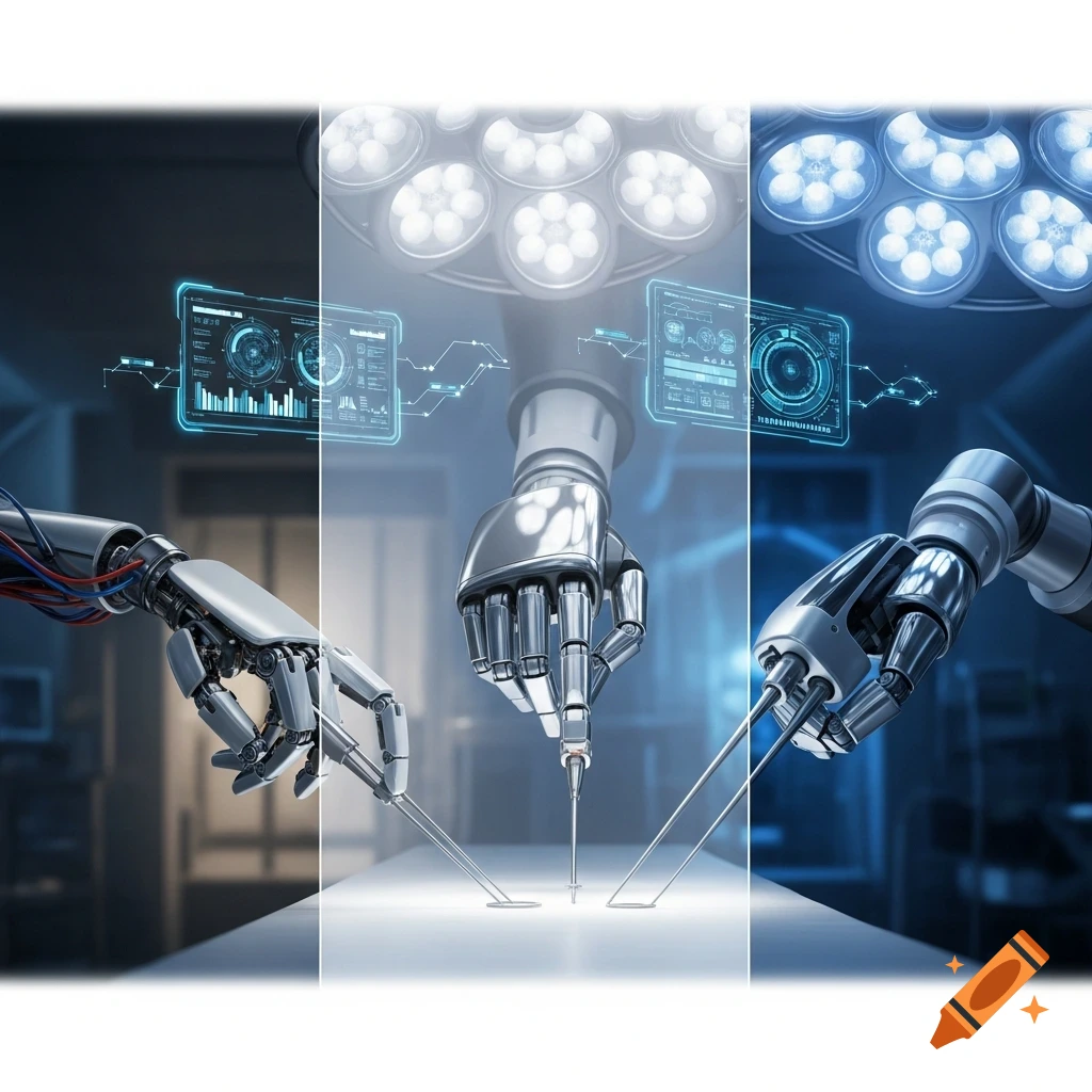 Photorealistic image of three robotic arms performing surgery under bright operating room lights, with glowing holographic data screens.