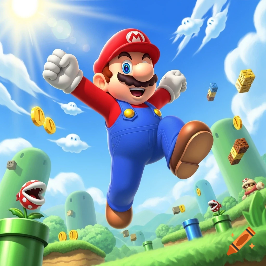 Cheerful Mario jumps in a vibrant, sunny Super Mario landscape with coins, pipes, and enemies in a cartoon style.