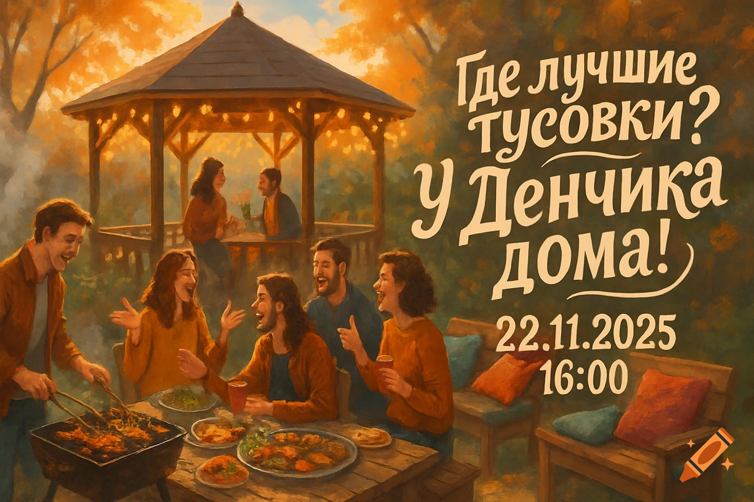 An illustration of friends having a lively barbecue party outside a house, with a gazebo and warm autumn colors.