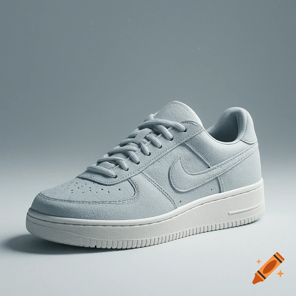 A high-resolution studio photo of a light grey sneaker on a clean matte surface, featuring detailed textures and stitching.