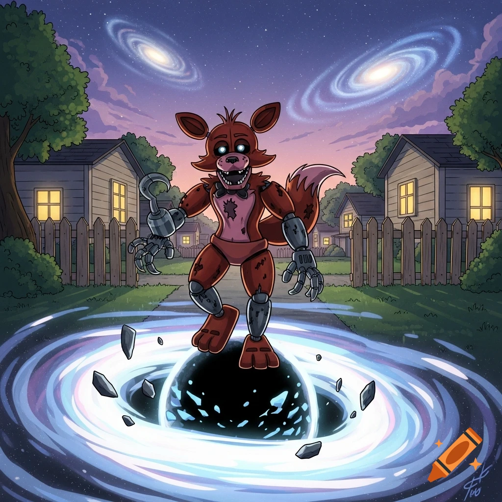 Cartoon of Foxy, the animatronic fox, standing on a black hole in a suburban street under a night sky with galaxies.