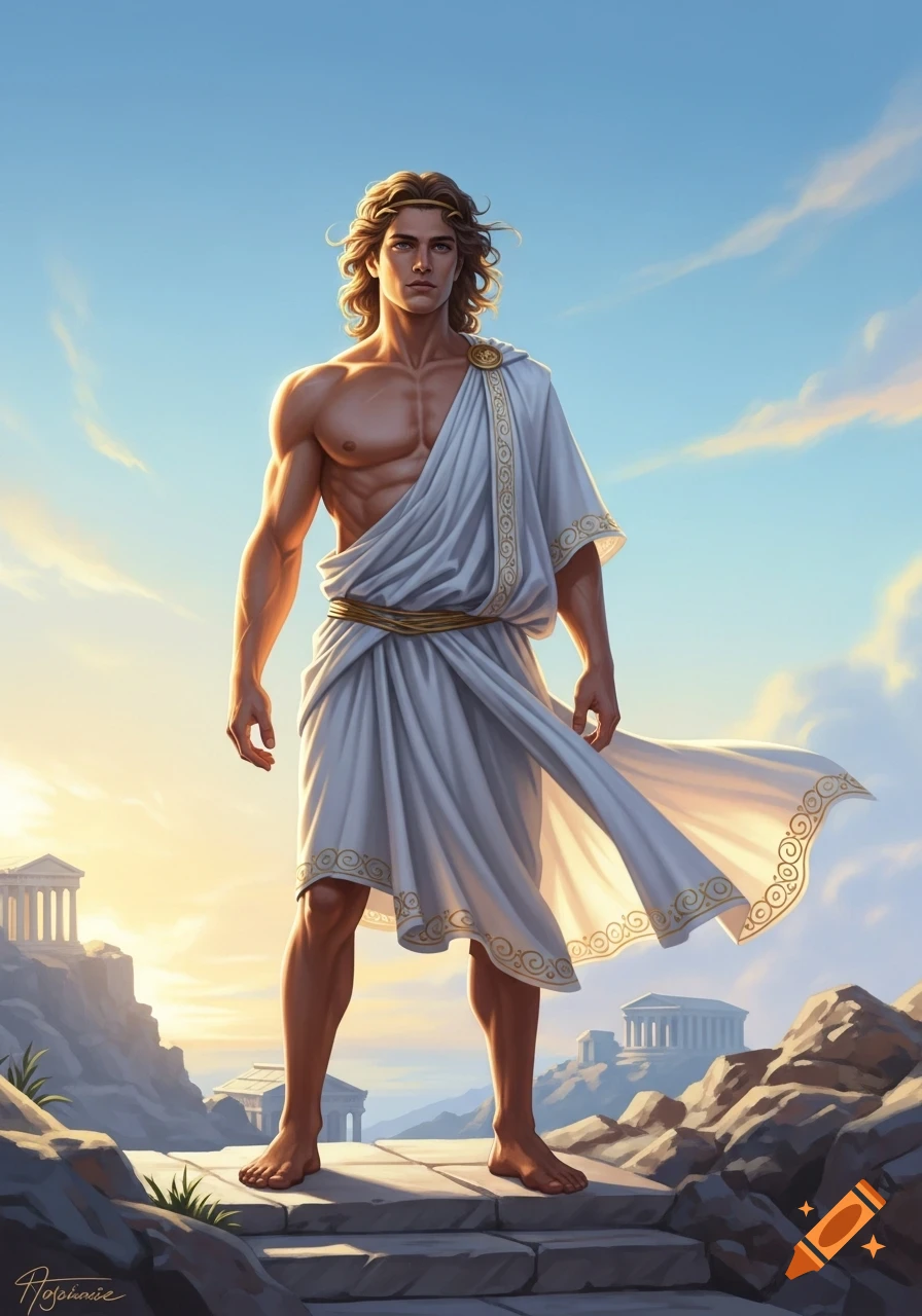 A muscular man in a white toga and golden wreath stands on stone steps amidst ancient Greek ruins under a bright, cloudy sky.