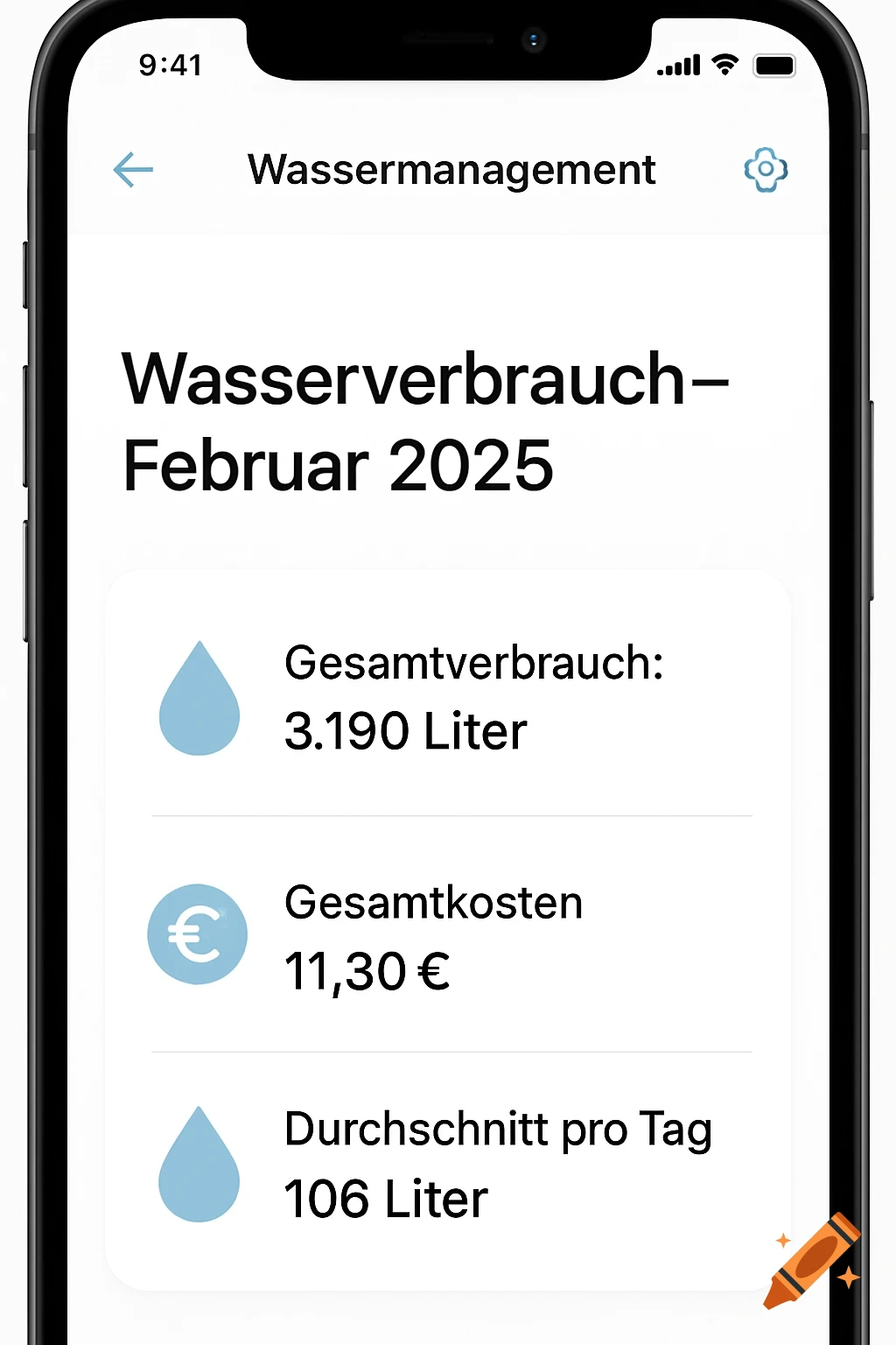 A smartphone screen showing a water management app dashboard for February 2025, displaying total consumption, costs, and average daily usage.