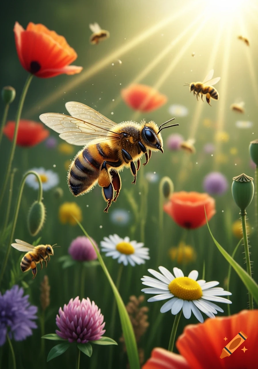 A detailed bee flies above a vibrant field of red poppies, white daisies, and purple clover, bathed in bright sunlight.