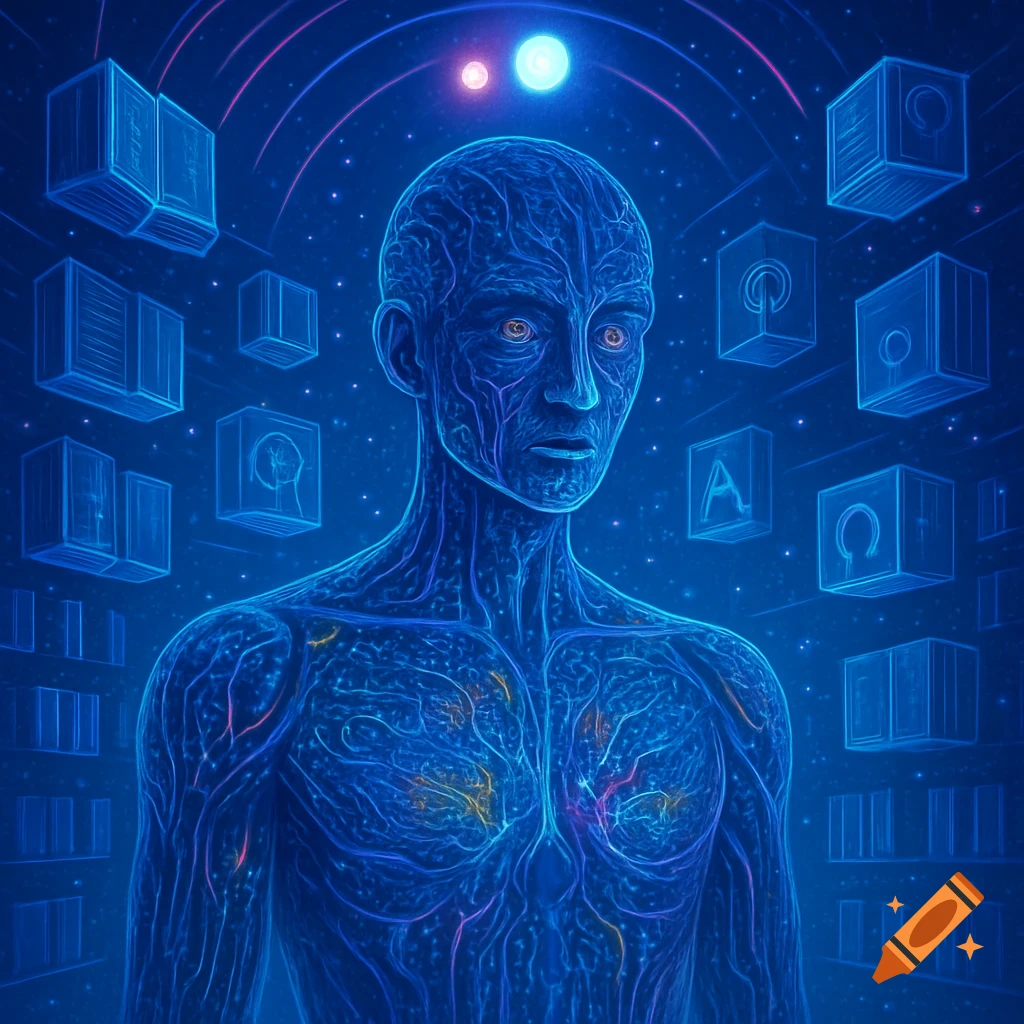 A glowing blue human figure made of veins stands against a starry, digital blue background with floating cubes containing symbols and planets above.