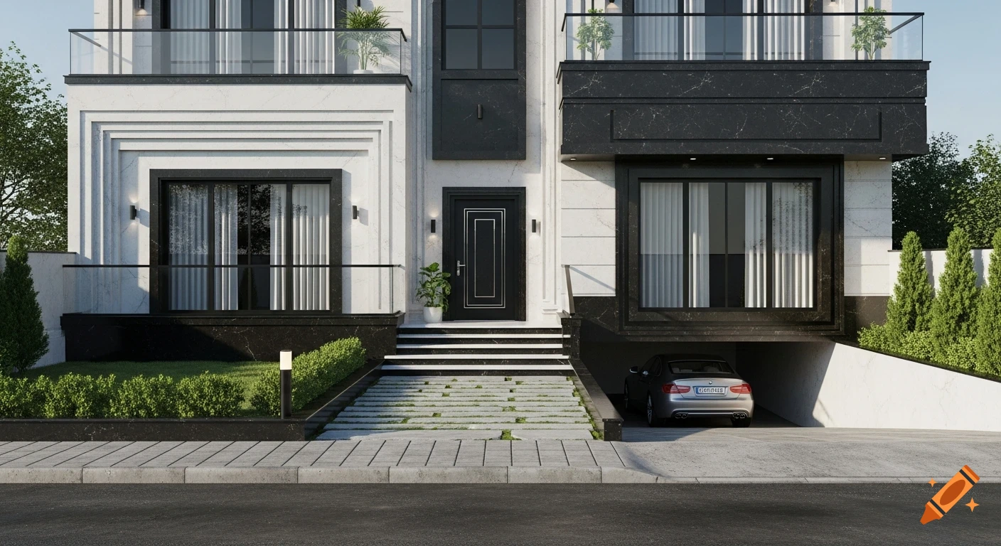 A photorealistic modern villa with black granite and white marble facade, glass railings, and a driveway to a garage with a car.