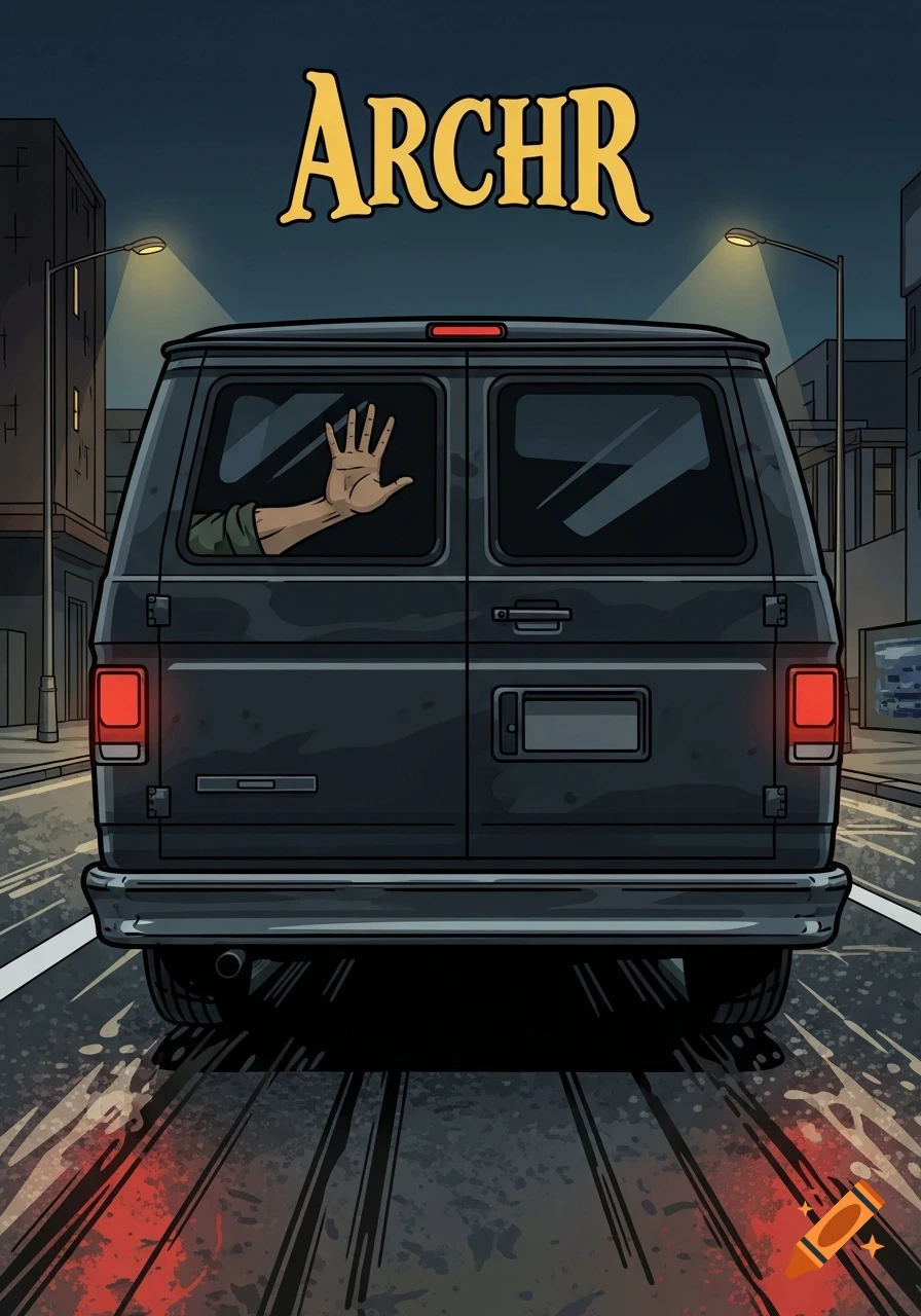 A dark van speeds down a wet city street at night, a hand pressed against the back window, with 'ARCHR' text. Graphic novel style.