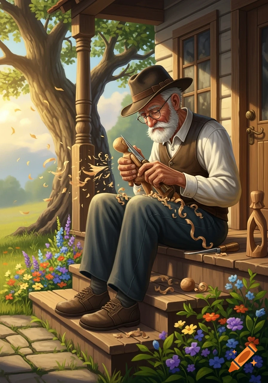 An old man in a hat carves a wooden figure on a porch, surrounded by colorful flowers and wood shavings, in an illustration.
