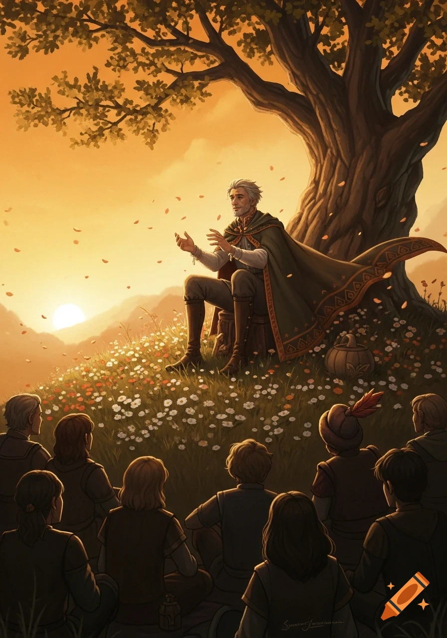 An old man in a cloak tells stories to a group of people sitting on a flowery hill under a large tree at sunset.