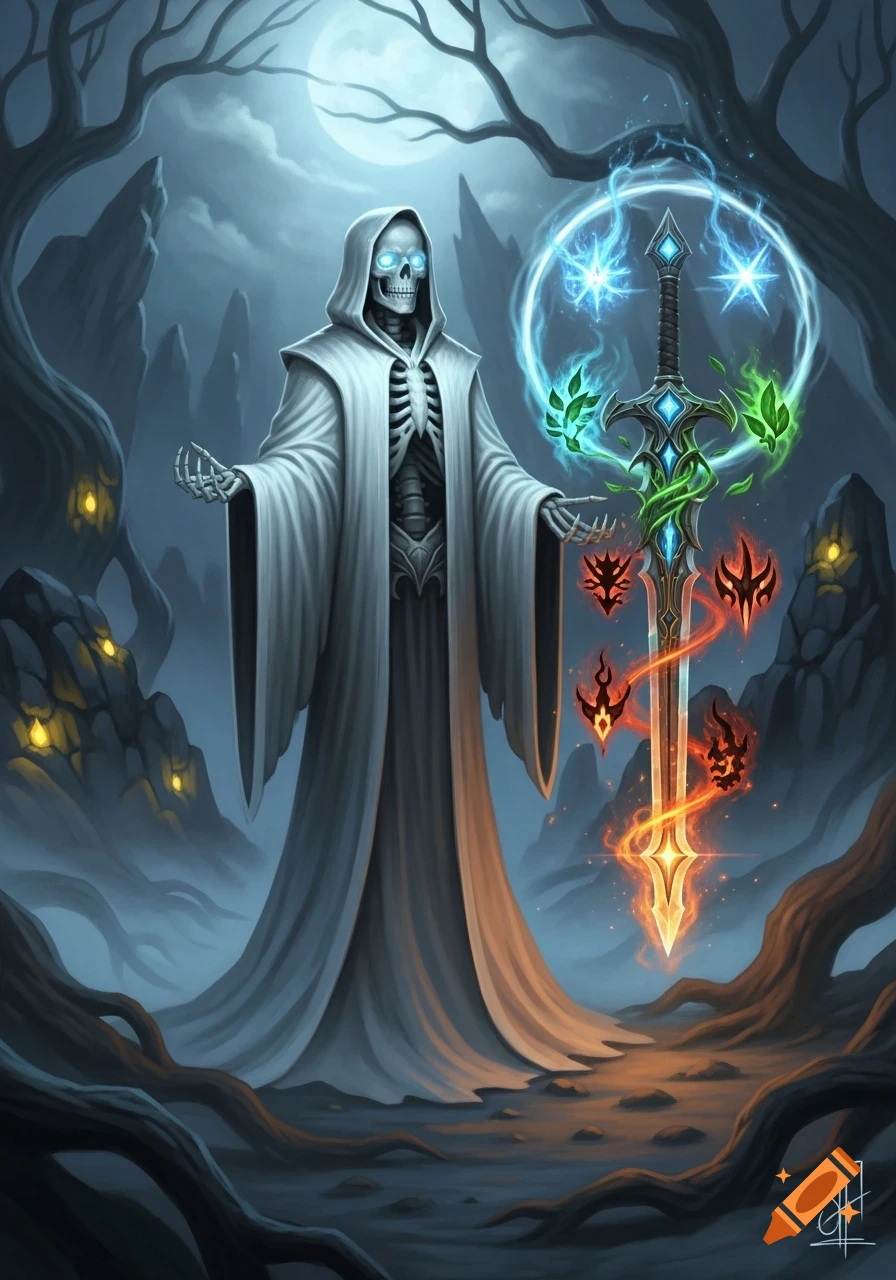 A robed skeleton with glowing blue eyes stands in a dark forest, holding a magic sword with fire, ice, and leaf effects.