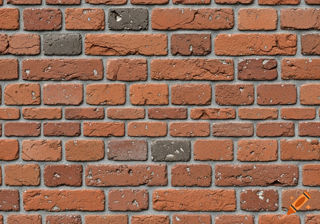 A close-up, seamless texture of a rustic brick wall with varying shades of red and dark grey bricks and light grey mortar.
