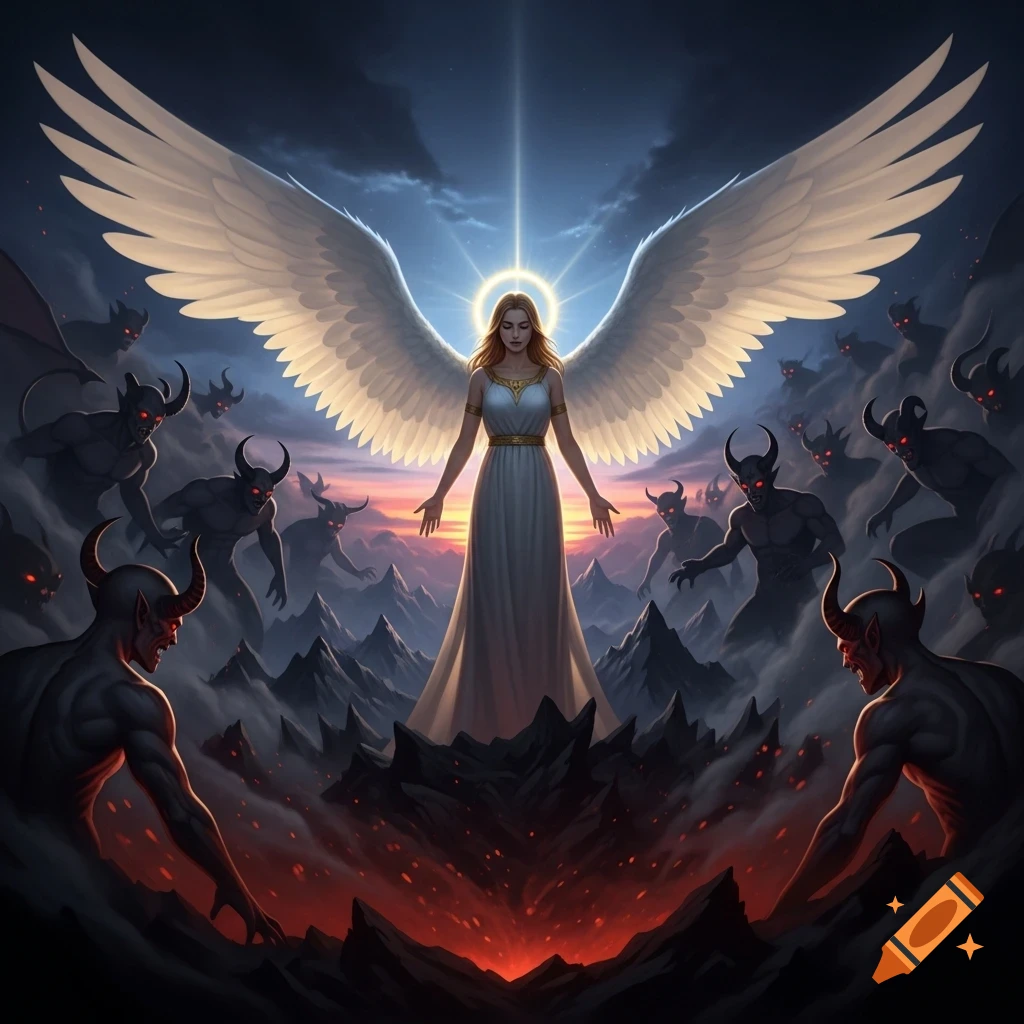 A majestic winged angel in a white gown stands amidst a horde of red-eyed demons and a fiery pit in a dark, mountainous landscape.