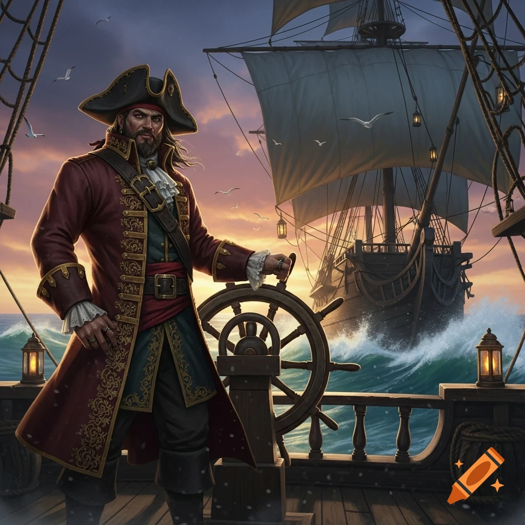 A grizzled pirate in a red coat steers a ship at sunset, with another large ship and gulls in the background.