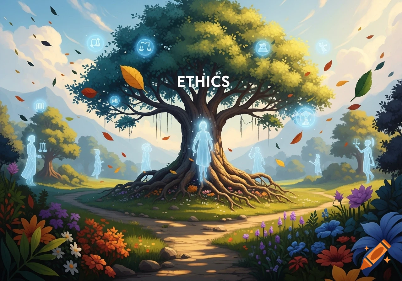 A vibrant, conceptual image of a large tree with the word ETHICS, surrounded by glowing figures and symbols in nature.