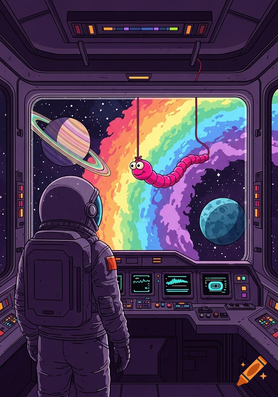 Astronaut in a spaceship cockpit views a vibrant rainbow nebula, planets, and a pink worm on a string toy, cell-shaded style.