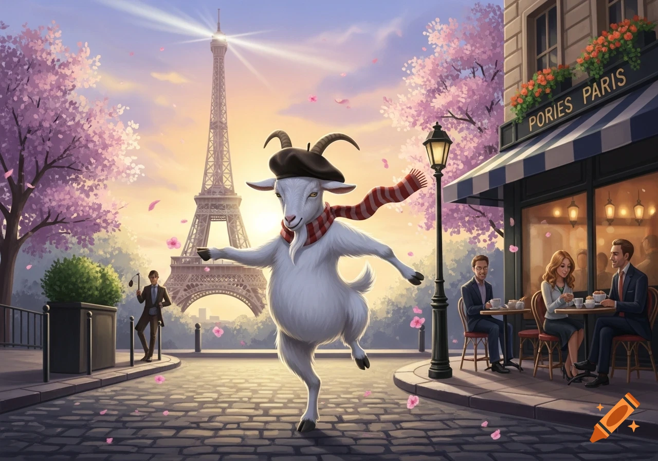 A whimsical cartoon goat in a beret and striped scarf dances on a Paris street with the Eiffel Tower and cafe.