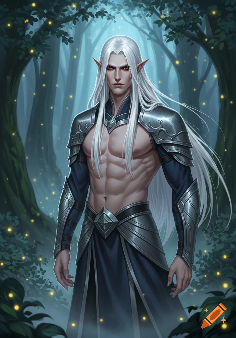 A muscular male elf with long white hair, red eyes, and silver armor stands in a magical forest with glowing lights. Digital painting.