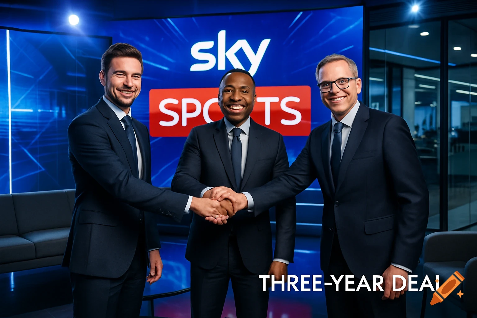Three smiling businessmen in suits shake hands in a bright TV studio with "Sky Sports" and "THREE-YEAR DEAL" on screen.