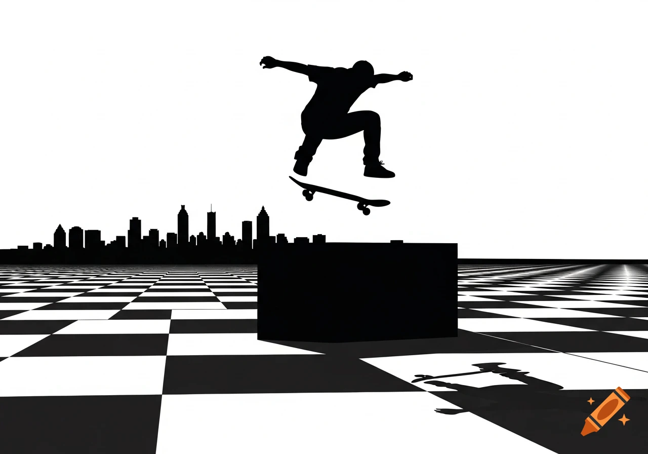 Skateboarder silhouette jumps over a black cube on a checkered ground with a city skyline in the background, high-contrast black and white vector style.