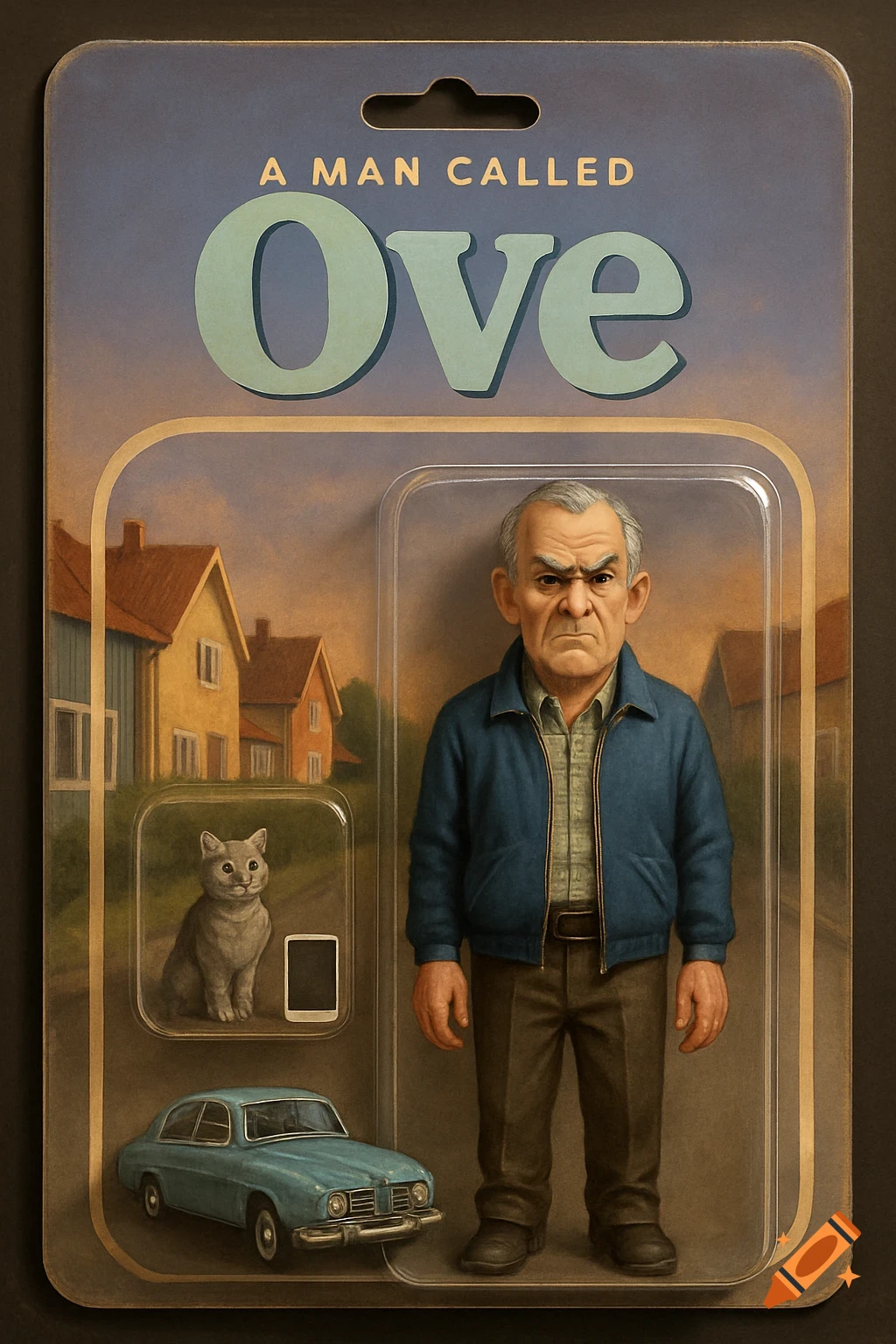 An illustrated action figure of a grumpy man named Ove in blister packaging, with a gray cat and a blue car, against a background of houses.