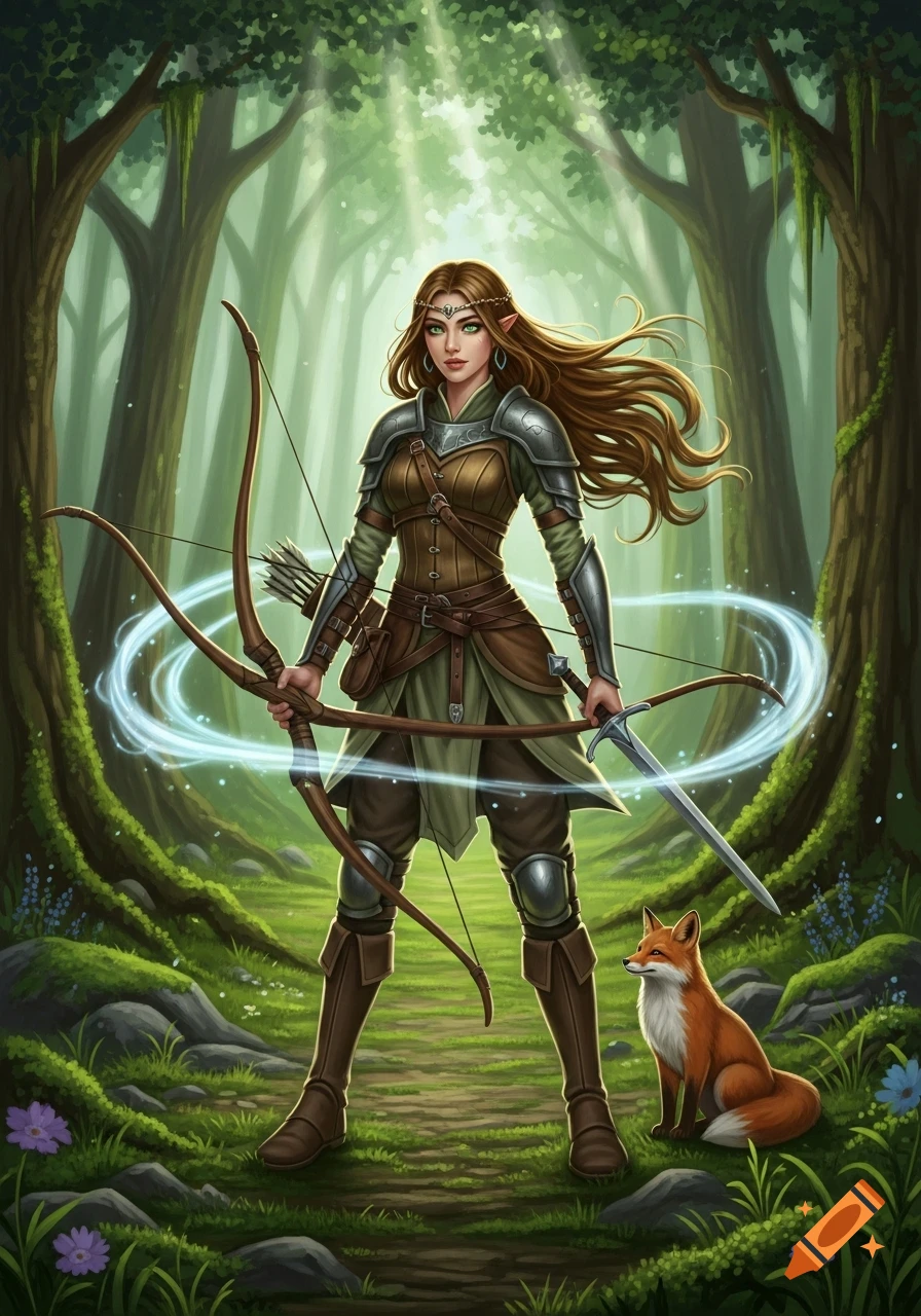 A female elf archer in light armor stands in a sunlit forest clearing with a fox, holding a longbow and sword in a detailed fantasy art style.
