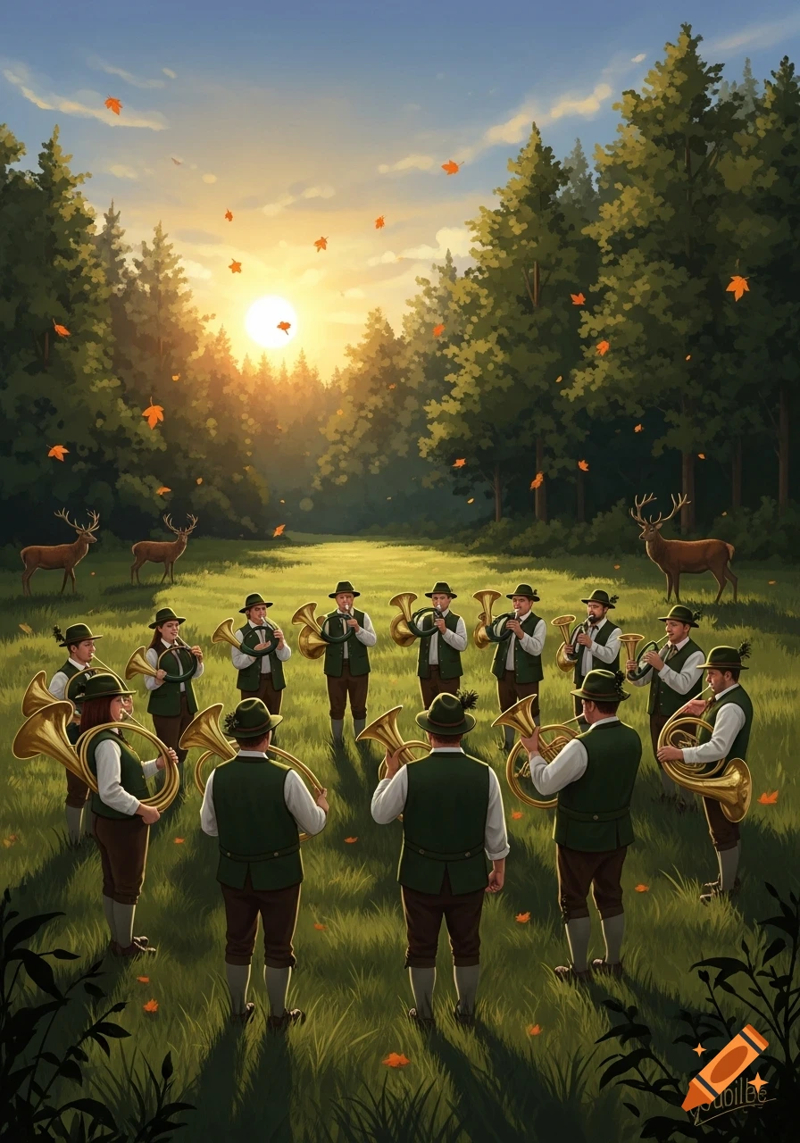 A group of musicians in traditional attire play hunting horns in a sunlit forest clearing with deer and falling autumn leaves.