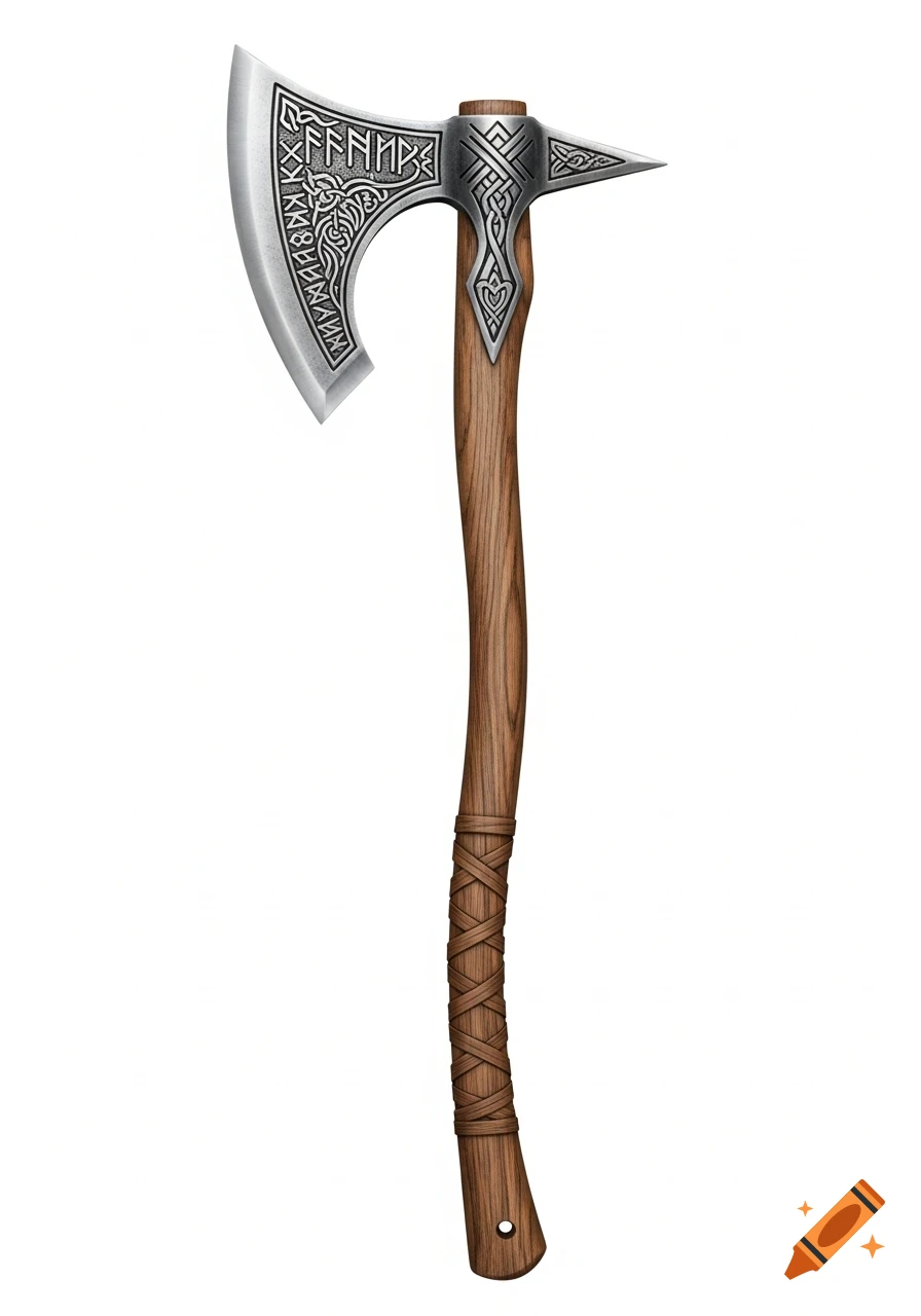 A detailed illustration of a Viking axe with a wooden handle wrapped in leather and an engraved silver blade, against a white background.
