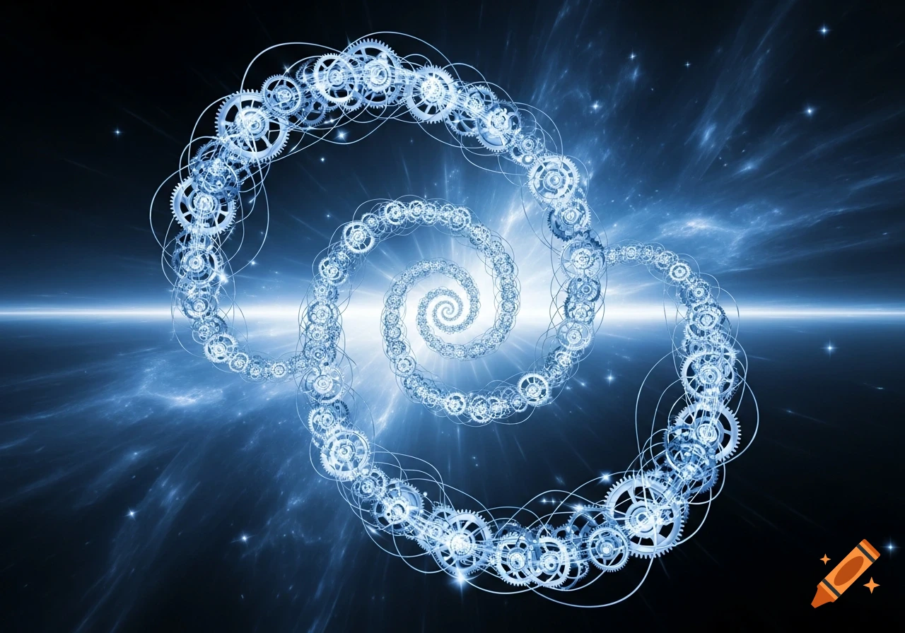 A spiral of glowing blue gears and mechanical components recedes into a dark, starry cosmic background with light streaks.