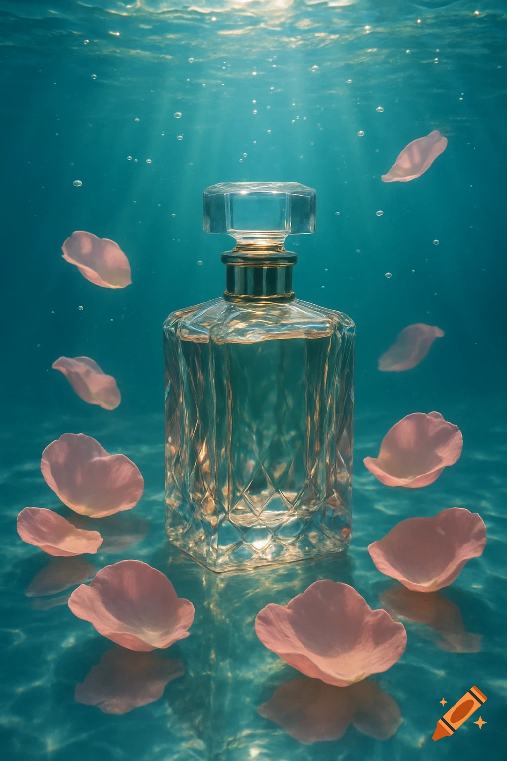 A luxurious glass perfume bottle floating gracefully underwater, surrounded by soft pink rose petals. Sunlight filters from the surface, creating rippling reflections on the bottle and the water's surface, with tiny bubbles rising.