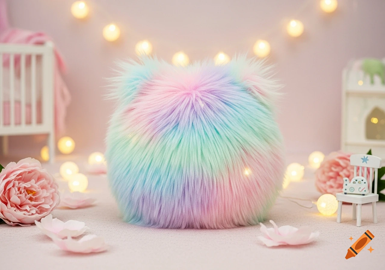 A pastel rainbow fluffy fuzball toy with small ears sits on a pink floor amidst flowers and fairy lights, with miniature furniture in the background.
