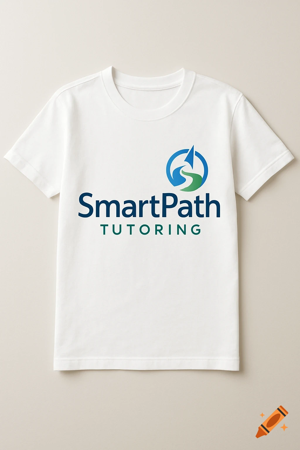 A white t-shirt with the SmartPath Tutoring logo featuring a blue and green path icon.