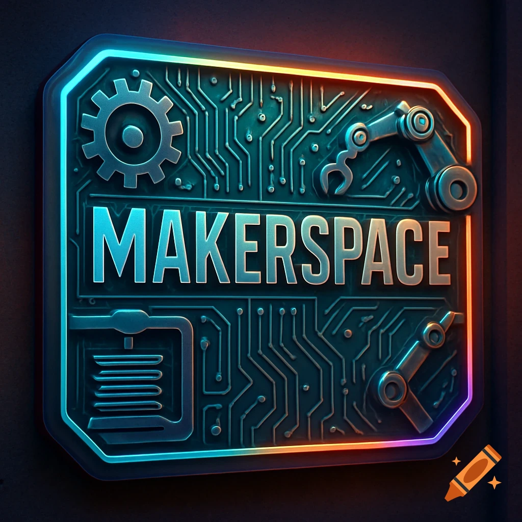 A glowing, metallic sign for 'MAKERSPACE' with circuit board patterns, a gear, a wrench, and a 3D printer icon.