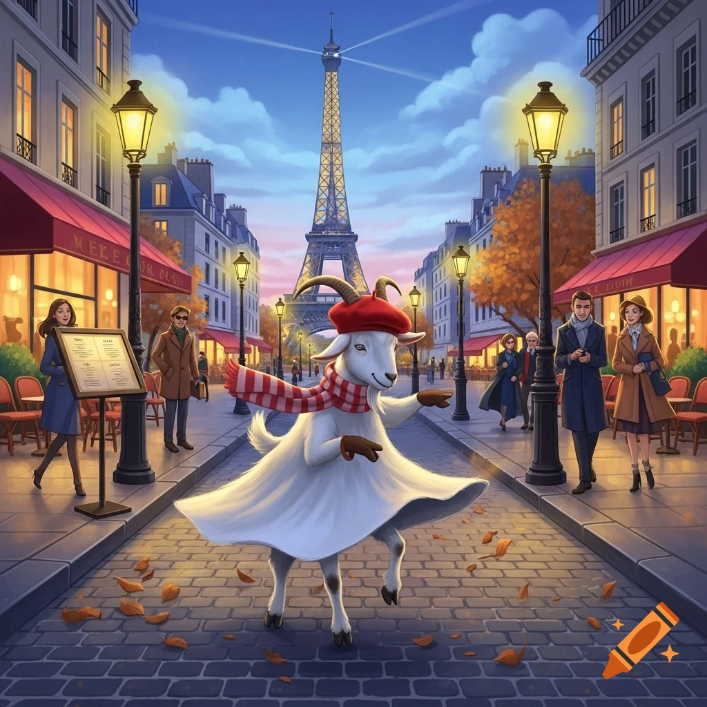 A cartoon goat wearing a red beret and striped scarf dances on a cobblestone street in Paris, with the Eiffel Tower in the background.