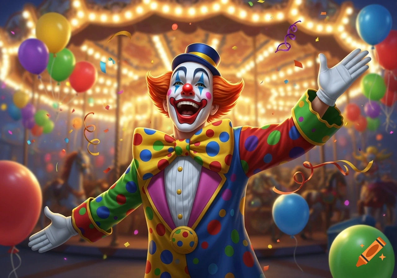 A cheerful clown in a colorful polka-dot costume smiles with outstretched arms at a brightly lit carnival.