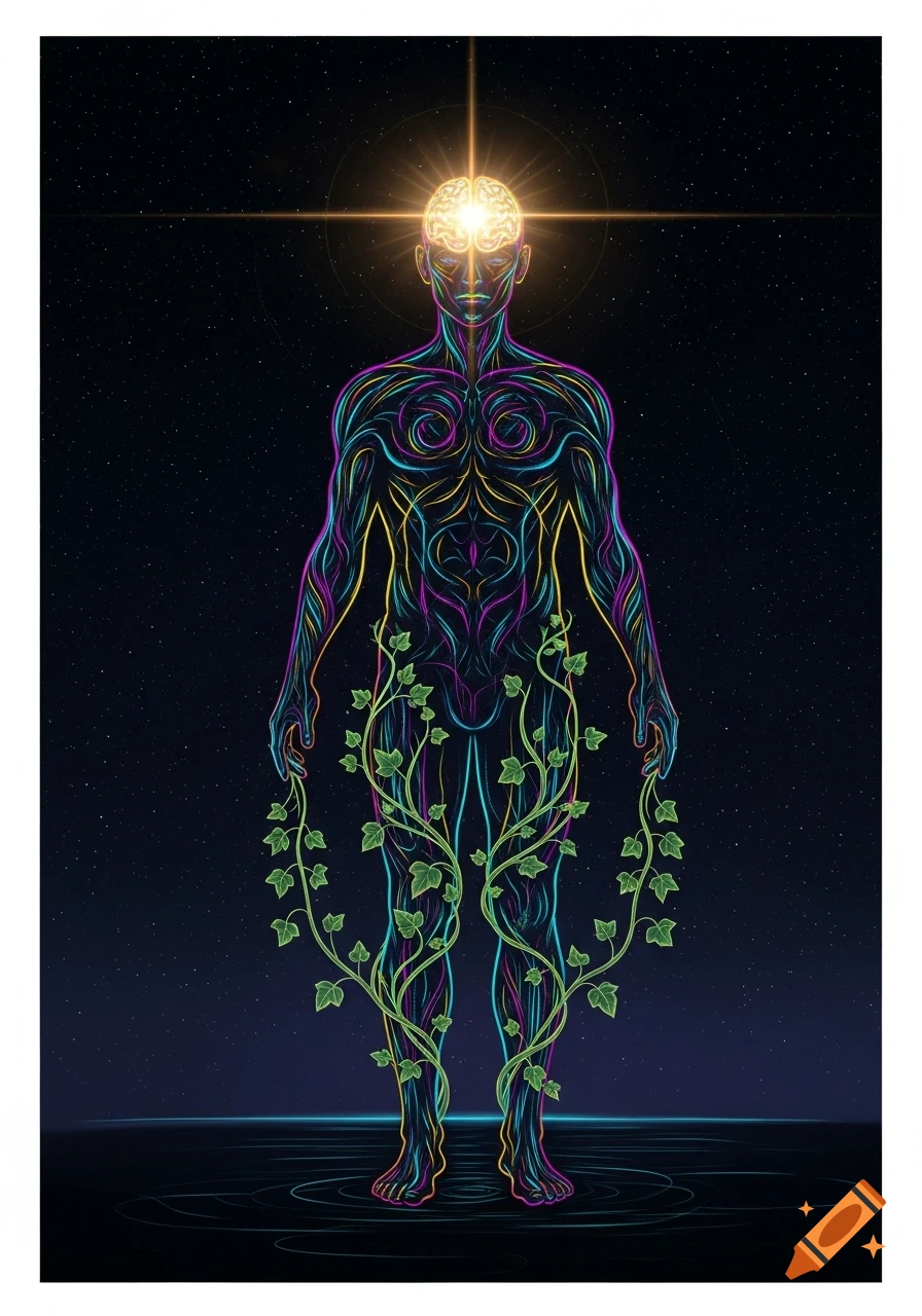 Stylized human figure with neon outlines, a glowing brain, and ivy vines against a starry night sky.