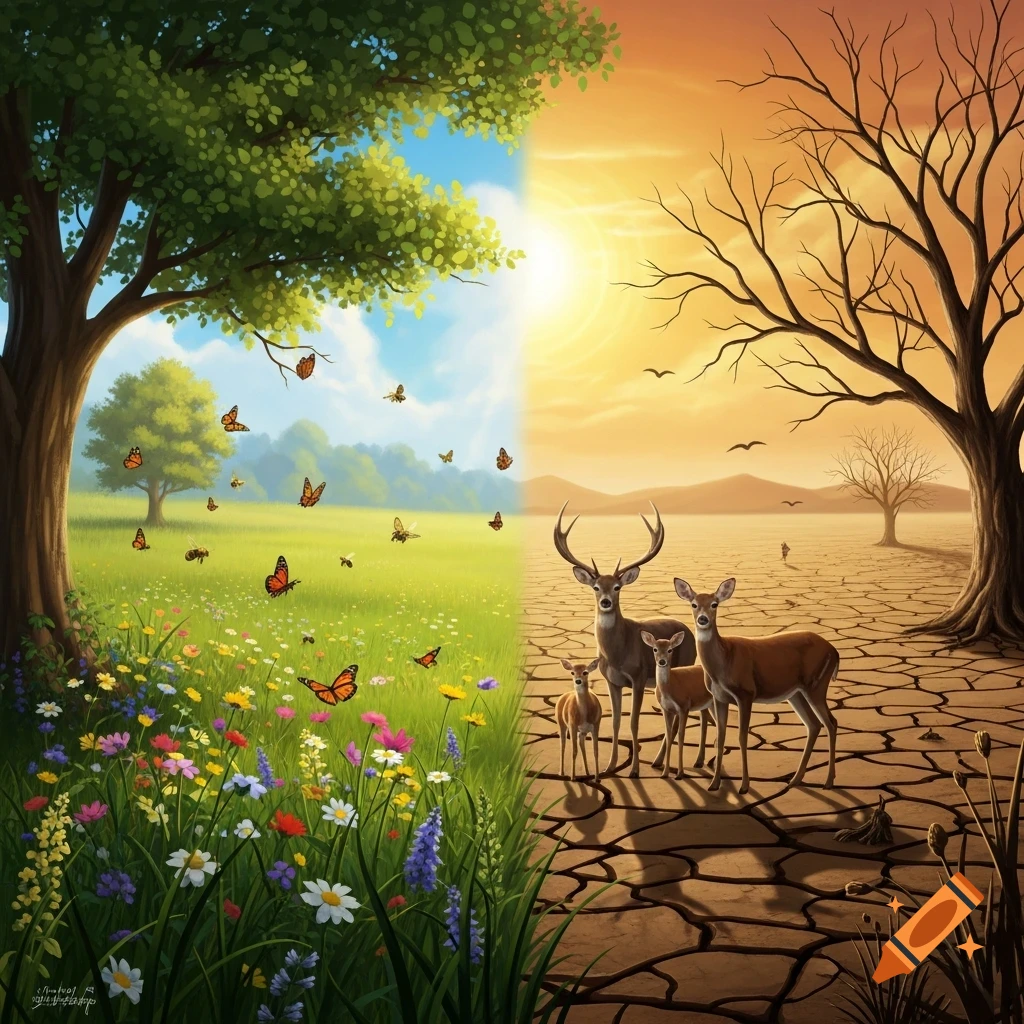 A split image contrasting a vibrant, lush landscape with a dry, cracked desert, depicting the effects of climate change.
