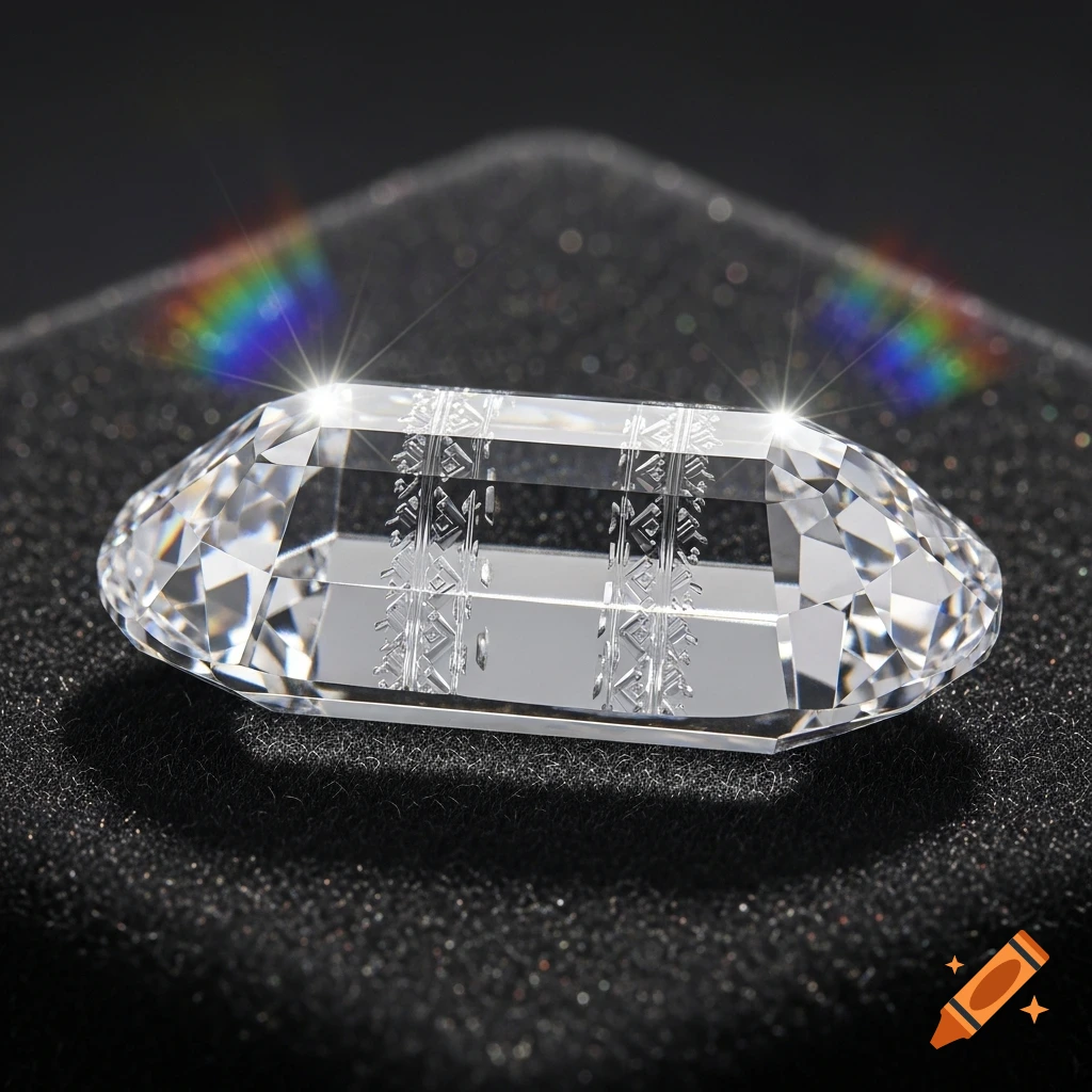 Close-up of a sparkling clear faceted gemstone with intricate etched patterns on a dark surface, with a rainbow lens flare.