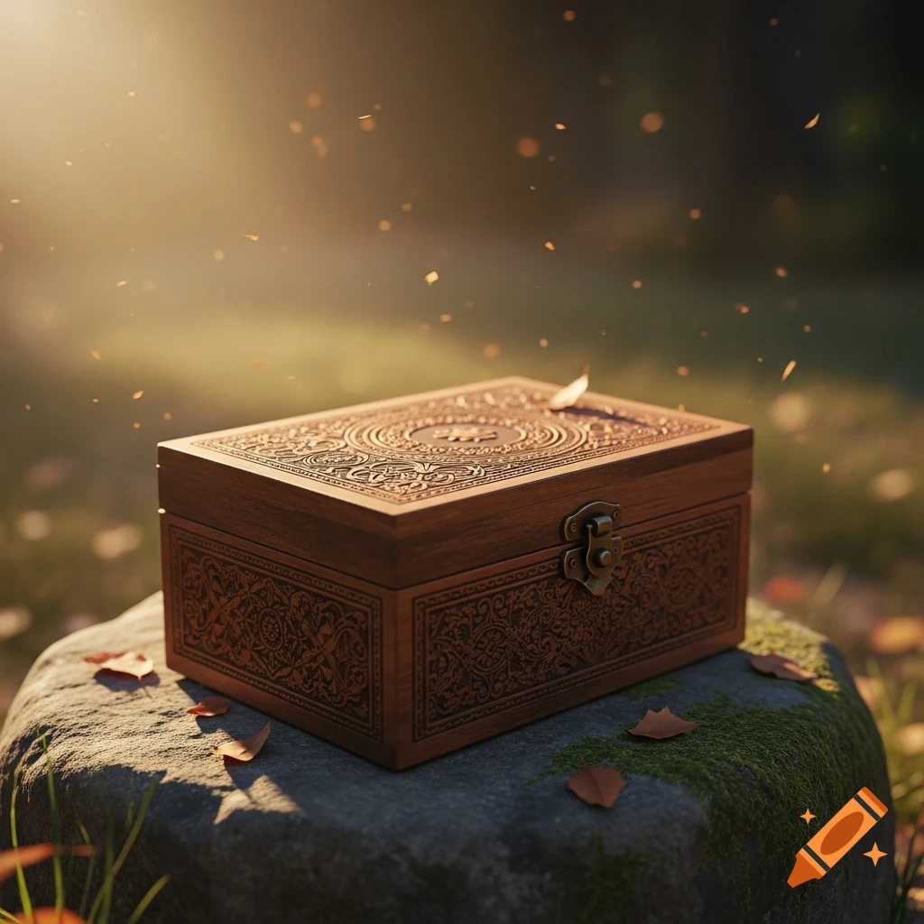 A beautifully carved wooden box with a metal clasp rests on a mossy rock in a sun-dappled outdoor setting with falling leaves.