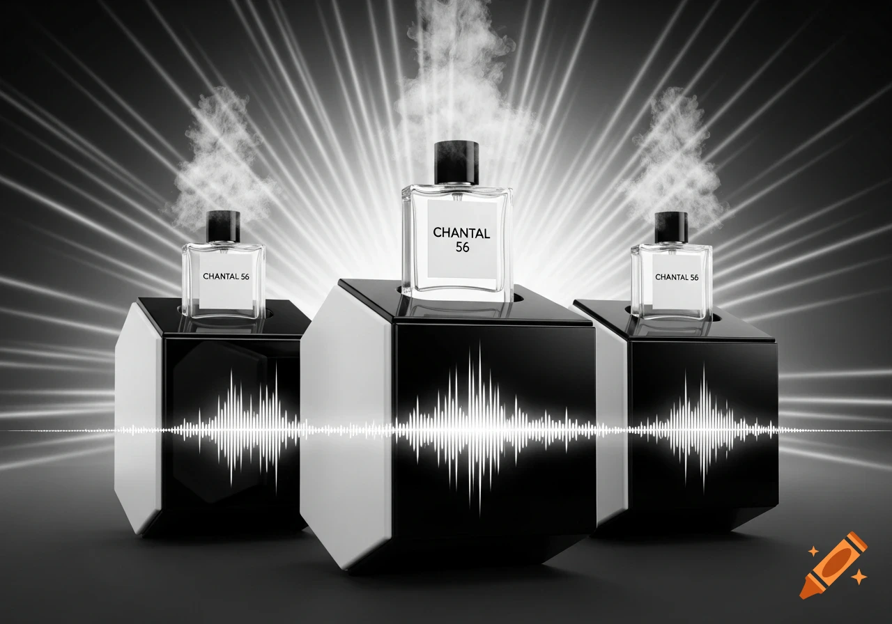 Three Chantal 56 perfume bottles on black and white hexagonal stands with sound wave graphics, emitting vapor and illuminated by light rays.