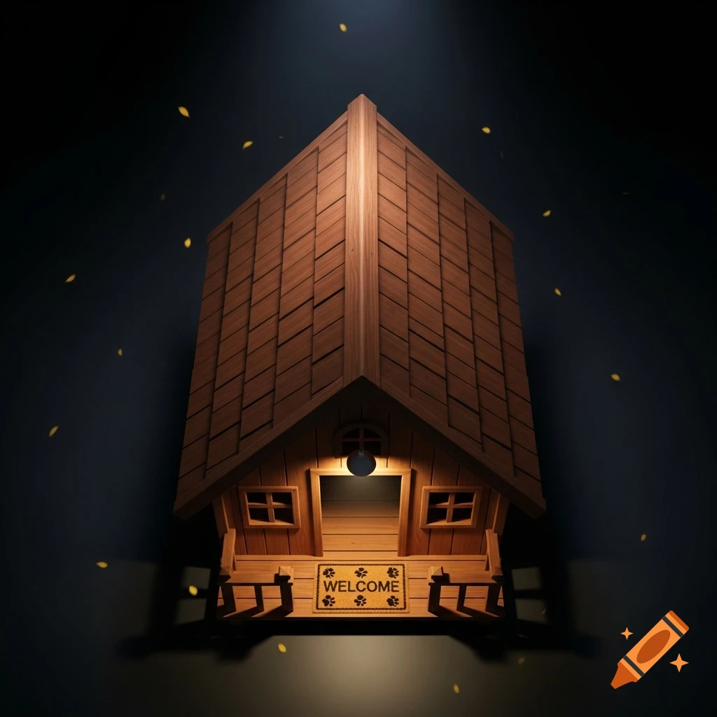 A stylized wooden dog house with a prominent roof and a 'WELCOME' mat, viewed from above, against a dark background with scattered yellow specks.